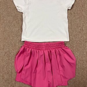 Girls Athletic Set 10/12 Pink Butterfly Shorts & White Ribbed  T-shirt 2 Pcs